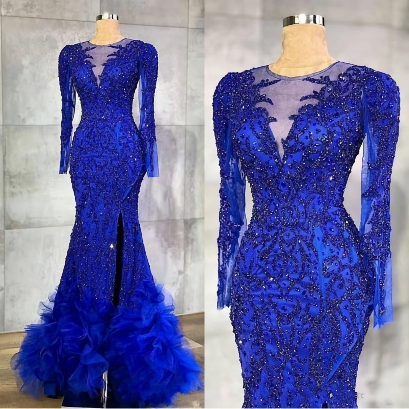 Party Dress Brands, Long Prom Dress, Luxury Royal Blue Evening Dresses, Beaded Crystals Sheer Neck Mermaid Arabic Aso Ebi Party Gowns
