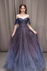 Party Dress Boho, Purple Sweetheart Neck Tulle Long Prom Dress, Purple Formal Dress