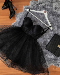 Boho Wedding Dress, Black Polka Dot Tulle Strapless Corset Short Dress, Homecoming Dress