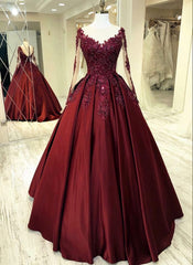 Wedding Dress With Shoes, Elegant Burgundy Wedding Dress, Lace Long Sleeves Ball Gown Sheer Neckline For Women Prom Dress, Evening Dress