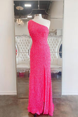 Modest Prom Dress, 2024 One Shoulder Hot Pink Sequined Prom Dress