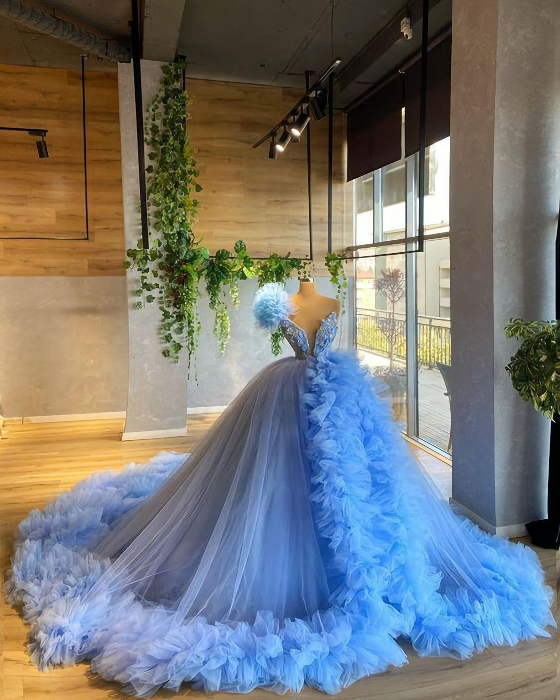 Aesthetic Dress, A Line Blue Ling Ball Gown Prom Dresses