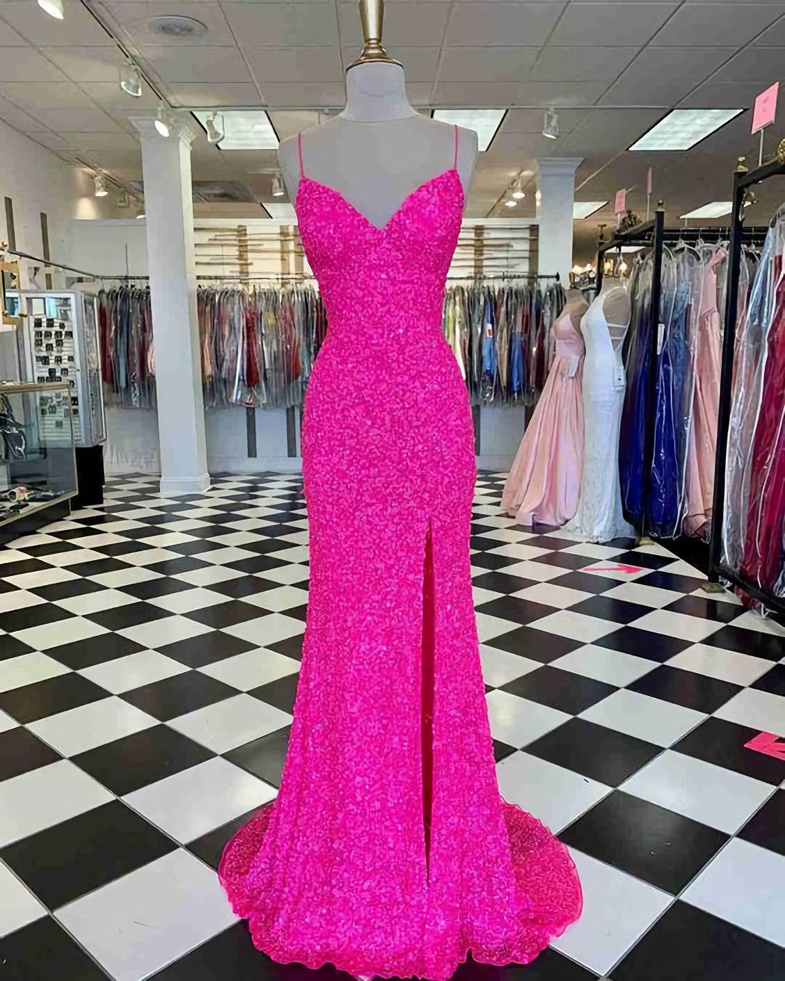 Floral Bridesmaid Dress, Hot Pink Straps Prom Dress, With Slit