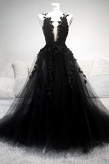 Party Dress Miami, Black V Neck Lace Long Prom Dress, A Line Evening Dress