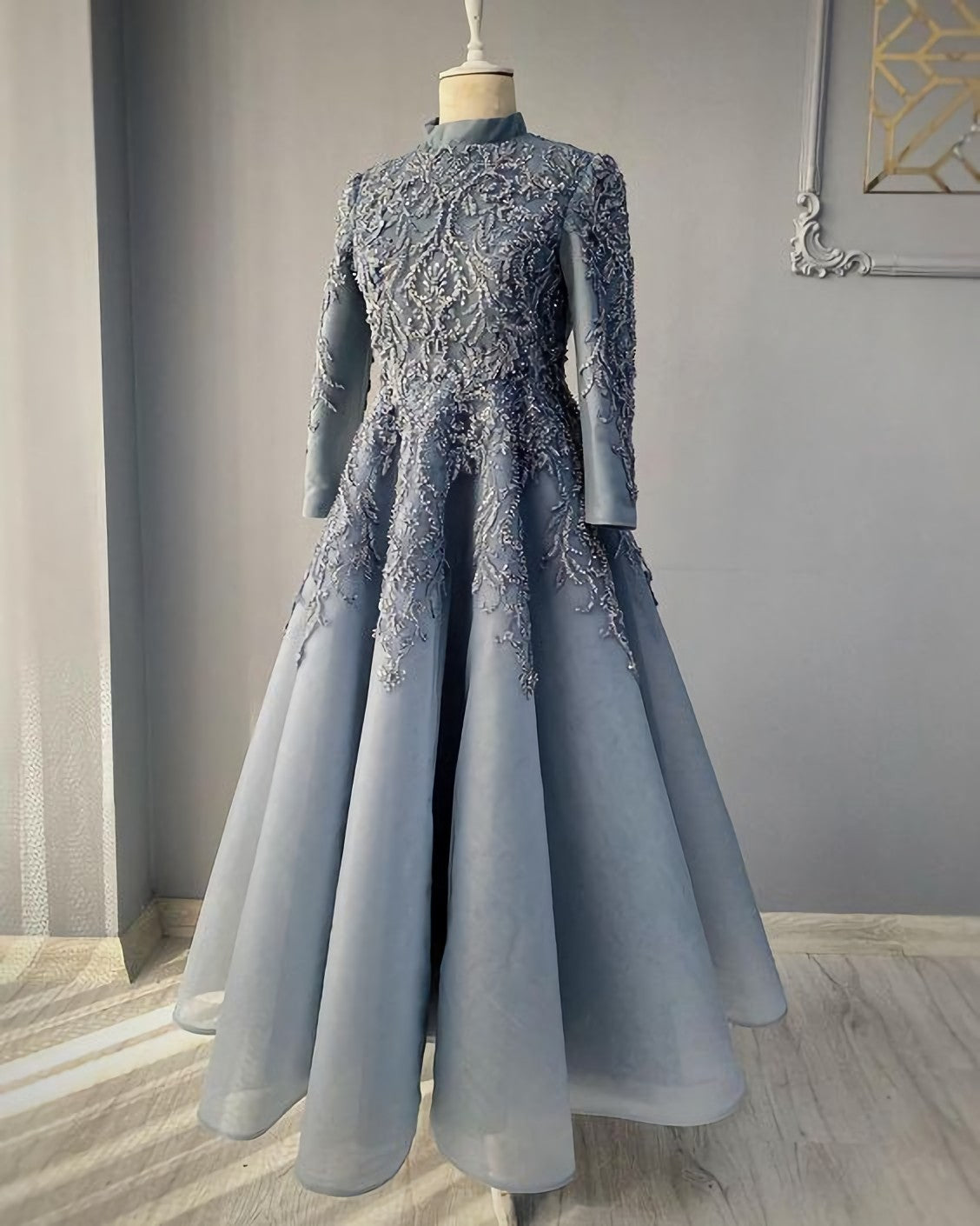 Functional Dress, Modest Blue Prom Dresses, Lace Emroidery Evening Dress