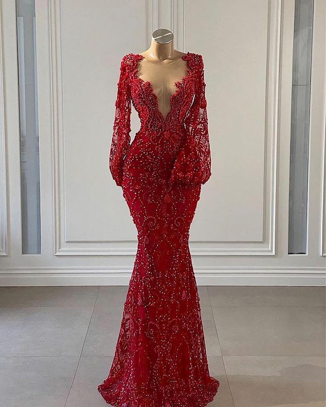 Party Dress Casual, Red Prom Dress, Long Prom Dresses, Long Sleeve Lace Mermaid Evening Gowns