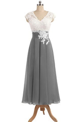 Party Dresses And Tops, Ankle Length V Neck Cap Sleeves Silver Gray Mother Of The Bride Dresses, Prom Dress, With Appliques