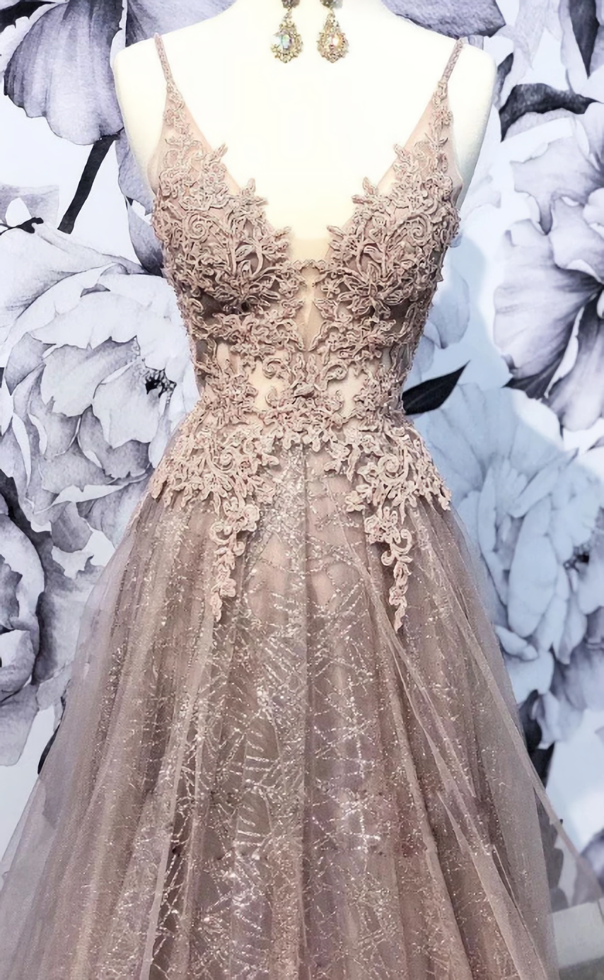 Party Dress Australian, Champagne V Neck Tulle Lace Long Prom Dress, Champagne Tulle Evening Dress