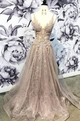 Party Dresses Australia, Champagne V Neck Tulle Lace Long Prom Dress, Champagne Tulle Evening Dress