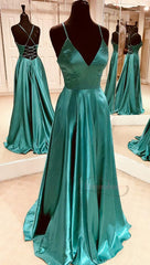 Party Dresses For Short Ladies, Simple A Line V Neck Teal Long Prom Dress, With Lace Up Back