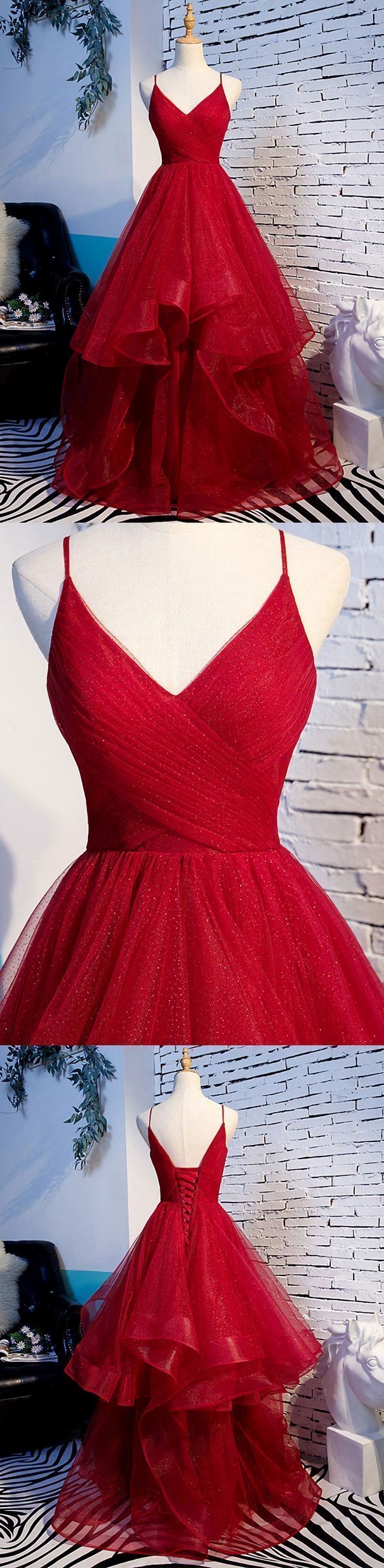 Party Dress Dresses, Elegant Tulle Red Straps Prom Dress, A Line Prom Dresses, Long Evening Dress, Burgundy Prom Dress