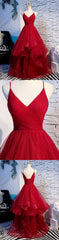 Party Dress Dresses, Elegant Tulle Red Straps Prom Dress, A Line Prom Dresses, Long Evening Dress, Burgundy Prom Dress