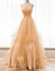 Party Dress After Wedding, Custom Made Gold V Neck Tulle Long Prom Dress, Evening Dress