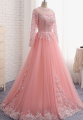 Party Dresses Fall, Charming Long Sleeve Appliques Pink Tulle Prom Dresses, Elegant Evening Formal Dress
