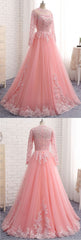 Party Dress For Ladies, Charming Long Sleeve Appliques Pink Tulle Prom Dresses, Elegant Evening Formal Dress
