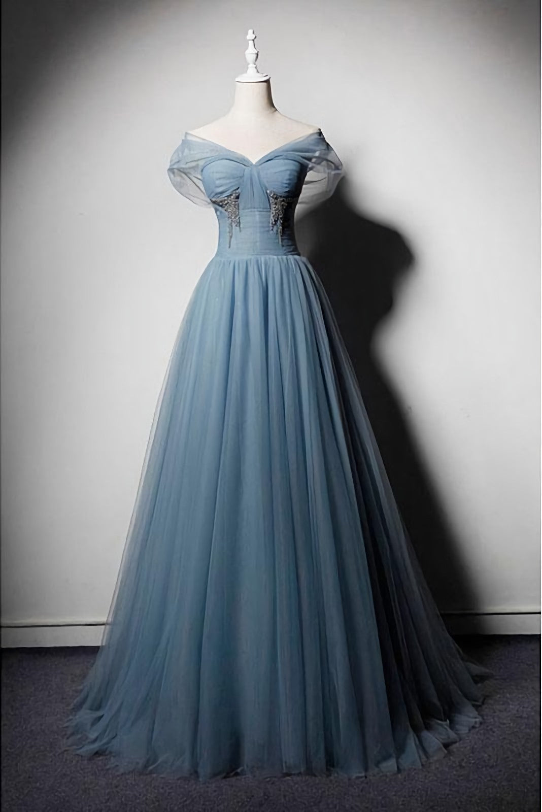 Party Dresses For Ladies, Blue Tulle V Neck Off Shoulder Long Senior Prom Dress, Evening Dress