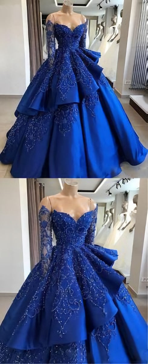 Party Dress Pink Dress, Unique Blue Lace Long Prom Dress, Blue Long Evening Dress