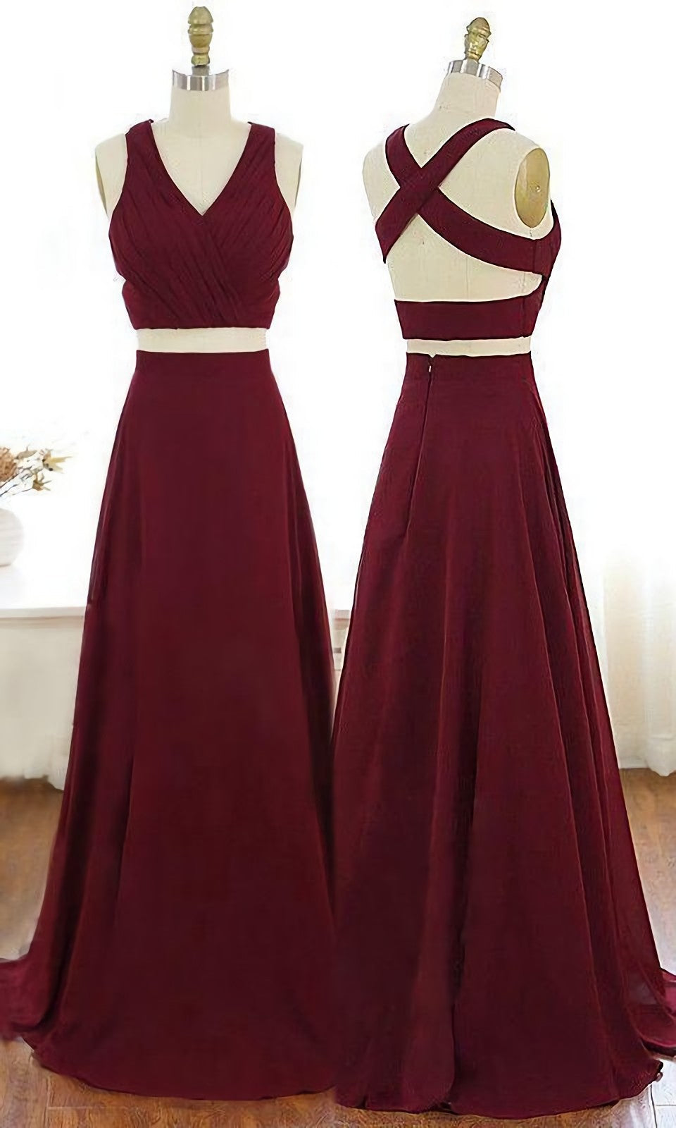 Party Dresses For Weddings, V Neck Burgundy Party Dress, Criss Cross Straps Chiffon Two Piece Prom Dress