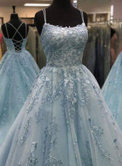 Party Dress Classy Christmas, Beautiful A Line Spaghetti Straps Blue Long Prom Evening Dresses, With Appliques