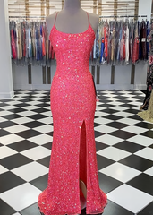 Party Dress Code Ideas, Spaghetti Straps Coral Pink Sequin Mermaid Prom Dress, With Slit