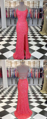 Party Dress Code Idea, Spaghetti Straps Coral Pink Sequin Mermaid Prom Dress, With Slit