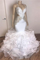 Girlie Dress, Spaghetti Straps Mermaid Ruffles White Prom Dresses