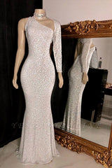 Party Dresses Short Tight, Sparkly One Shoulder Silver Floor Length Column Prom Dresses