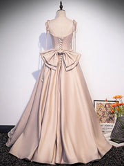 Bridesmaids Dress Floral, Champagne A-Line Satin Long Prom Dress, Champagne Evening Dresses