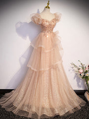 Bridesmaid Dresses For Girls, Champagne A-Line Tulle Beading Long Prom Dress, Champagne Formal Dresses