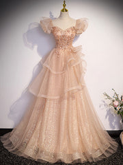 Bridesmaid Dress For Girls, Champagne A-Line Tulle Beading Long Prom Dress, Champagne Formal Dresses