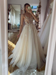 Prom Dresses 2025, Champagne A -line Tulle Lace Long Prom Dress, Lace Formal Evening Dress