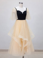 Bridesmaids Dress Under 102, Champagne A-Line Tulle Short Prom Dresses, Champagne Formal Dress