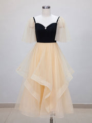 Bridesmaid Dress Under 102, Champagne A-Line Tulle Short Prom Dresses, Champagne Formal Dress