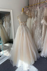 Party Dress Australia, Champagne Lace Long A-Line Prom Dress, Strapless Evening Dress