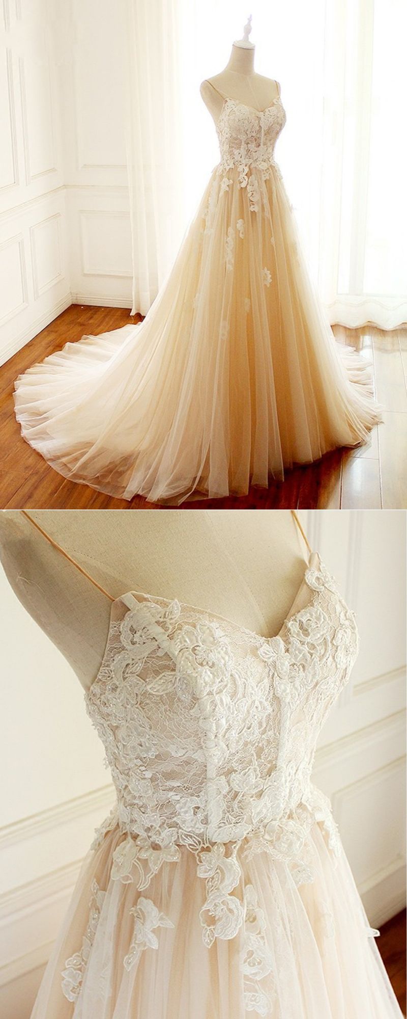 Wedding Dresses On A Budget, Champagne Long A-line Sweetheart Tulle Spaghetti Sweep Train Wedding Dress