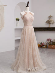 Evening Dresses 1922S, Champagne Pink Long Prom Dress, A Line Tulle Formal Dress Graduation Dresses