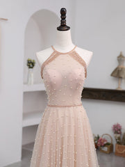 Evening Dress 1922S, Champagne Pink Long Prom Dress, A Line Tulle Formal Dress Graduation Dresses