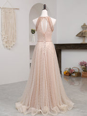 Evening Dress 1922, Champagne Pink Long Prom Dress, A Line Tulle Formal Dress Graduation Dresses