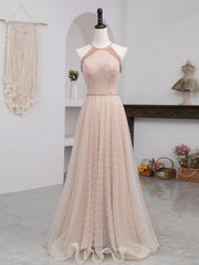 Evening Dress Yellow, Champagne Pink Long Prom Dress, A Line Tulle Formal Dress Graduation Dresses