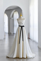 Prom Dress With Sleeve, Champagne Satin Long A-Line Prom Dress, Strapless Formal Evening Dress