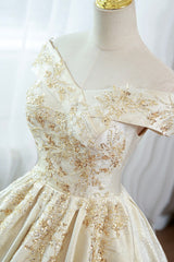 Homecoming Dress Shopping Near Me, Champagne Satin Long Prom Dress with Beaded, V-Neck Evening Party Dress