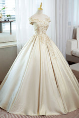 Homecoming Dress Shops Near Me, Champagne Satin Long Prom Dress with Beaded, V-Neck Evening Party Dress