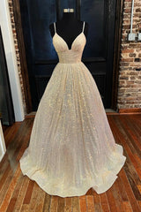 Summer Dress, Champagne Sequins Long A-Line Prom Dress, Shiny V-Neck Spaghetti Straps Party Dress