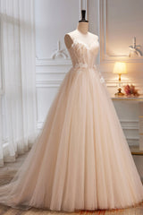 Formal Dress Long Gowns, Champagne Spaghetti Strap Tulle Formal Dress with Feathers, Cute A-Line Evening Dress