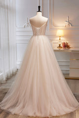 Formal Dresses Long Gowns, Champagne Spaghetti Strap Tulle Formal Dress with Feathers, Cute A-Line Evening Dress