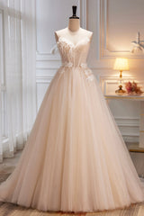 Formal Dress Long Gown, Champagne Spaghetti Strap Tulle Formal Dress with Feathers, Cute A-Line Evening Dress