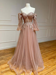 Evening Dresses For Weddings Guest, Champagne sweetheart neck tulle lace long prom dress, lace evening dress