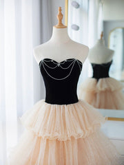 Party Dresses Shorts, Champagne Sweetheart Neck Tulle Long Prom Dress, Champagne Formal Dresses