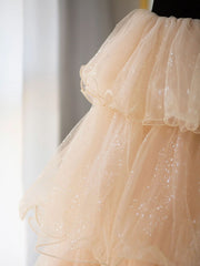 Party Dress Classy, Champagne Sweetheart Neck Tulle Long Prom Dress, Champagne Formal Dresses