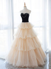 Party Dress Styling Ideas, Champagne Sweetheart Neck Tulle Long Prom Dress, Champagne Formal Dresses